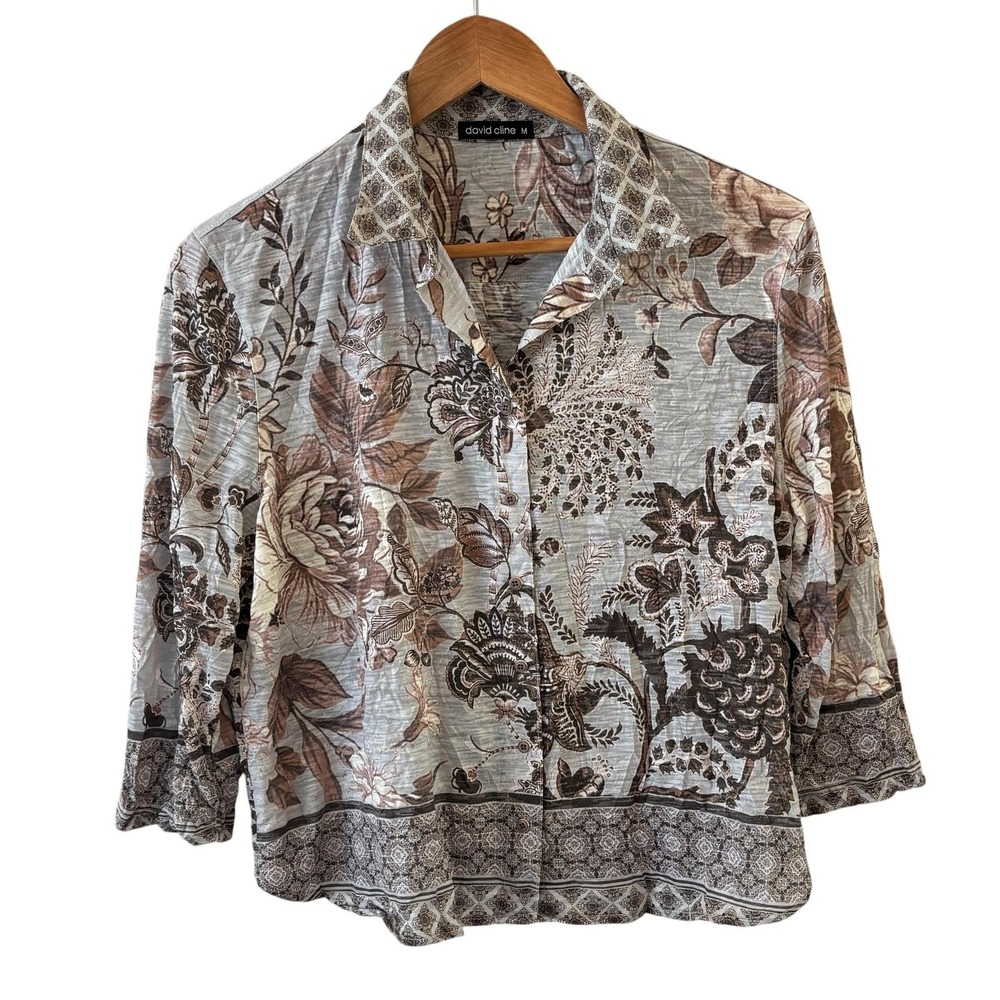 David Cline Crushed Snap Front Floral Top Womens M Brown Earth 3/4 Sleeve